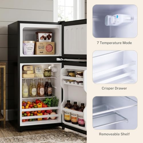 3.2 Cu.Ft Mini Refrigerator with Freezer, 2 Door Compact Fridge with Adjustable Thermostat & Removable Glass Shelves, Energy Efficient Small Refrigerator for Bedroom, Dorm, Office, Apartment - Image 2