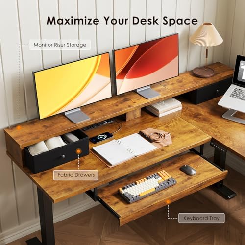 OffiGo 59 Inch L Shaped Electric Standing Desk with Drawers, Rustic Brown - Image 6