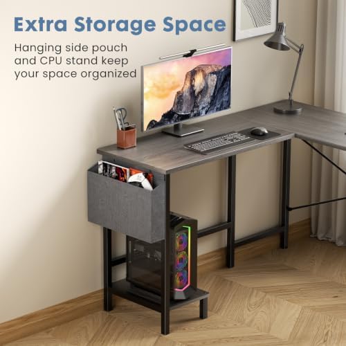 DUMOS L Shaped Computer Corner Desk with PC Stand, Grey - Image 4