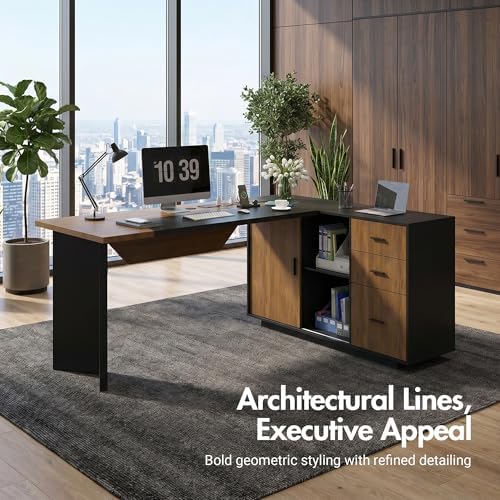 74.4" L-Shaped Executive Desk, Large Office Desk, Black + Dark Wood - Image 3