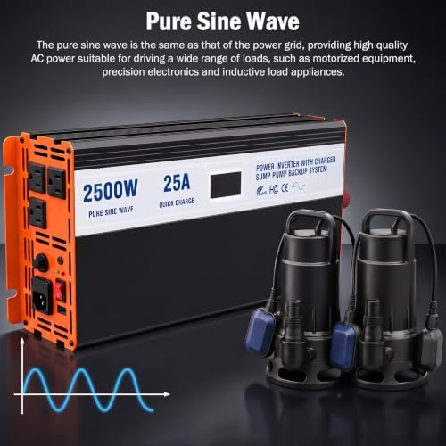 Sump Pump Battery Backup System, 2500W Pure Sine Wave Inverter with LCD Display, Auto Switches to Battery Power for Continuous Sump Pump Operation, for Basement Flood Protection&Power Outage Emergency - Image 7