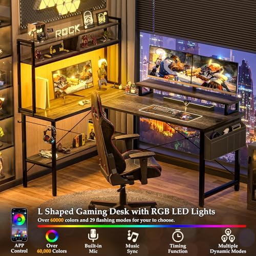 Aheaplus L Shaped Gaming Desk with Power Outlets & LED Lights, Black Oak - Image 4
