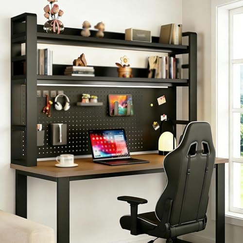 2/3/4 Tier Desk Hutch, Freestanding Desktop Bookshelf, Metal Desk Shelf with Pegboard, Desk Shelves for Top, for Dorm Office and Home(Black+Black,29 * 9 * 37in) by ZUGIATP