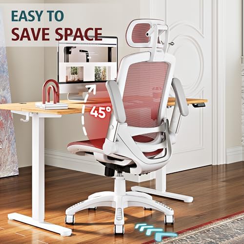 GABRYLLY Ergonomic Office Chair, High Back Home Desk Chair with 2D Flip-Up Arms, 3D Headrest, 90-120° Tilt and Wide Cushion, Big and Tall Mesh Chairs for Man Woman, Computer Task Chair Red - Image 5
