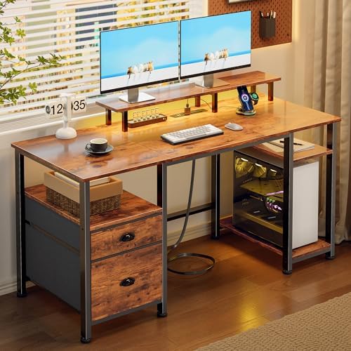 Furologee 51" Computer Desk with Outlets & LED, Desk with Drawers, Brown by Furologee