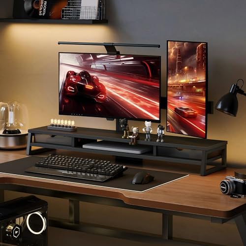 Fenge Dual Monitor Stand Riser, 42.5in Desk Shelf with 2 Drawers, Black - Image 6
