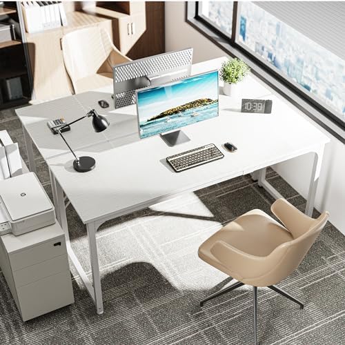 Huuger Computer Desk, 63 Inch Office Desk, Gaming Desk with Storage, Writing Desk Work Desk for Home Office, Study, Modern Simple Desk, Large Legroom, Metal Frame, White - Image 2