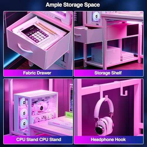 Grandder Gaming Desk 47 Inch with CPU Stand and LED Light, Computer Desk with Reversible Shelves and Storage Drawer, Pc Small Desk for Home Office Table with Bag, Pink - Image 6