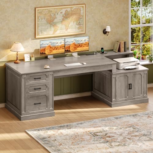 SEDETA Farmhouse 70.9" Executive Desk, Home Office Desk with File Drawers and Storage Cabinet, Computer Desk with Power Outlet for Home Office, Work Study Writing, Gray - Image 3