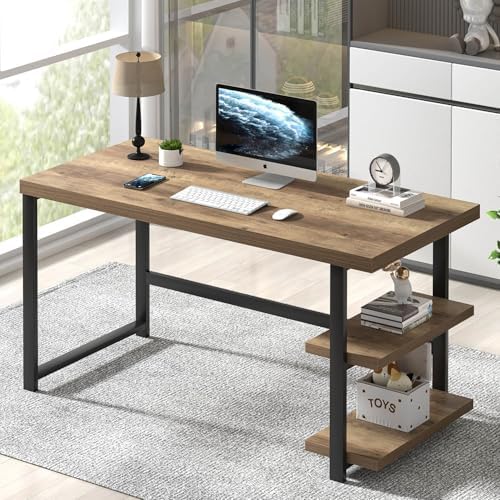 FOLUBAN Computer Desk, Wood and Metal Home Office Desk with Storage Shelves, Small Study Writing Table Workstation for Bedroom Living Room, Rustic Oak, 47 Inch by FOLUBAN