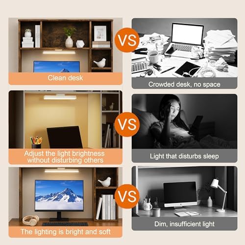 3 Tier Desktop Bookshelf with Rechargeable Eye-Friendly LED Desk Light, Desk Hutch Organizer with 5 Shelves, Wooden Desk Bookshelf for Office, Dorm and Small Space, Brown - Image 6