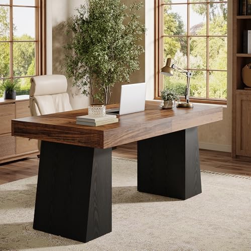 Tribesigns 55" Executive Desk, Wooden Office Desk with Double Pedestal, Modern Simple Computer Writing Table for Home Office, Brown & Black - Image 3