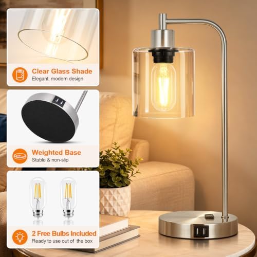 Industrial Touch Control Table Lamps Set of 2 - Brushed Nickel Nightstand Bedside Lamps with 2 USB Ports & AC Outlet, 3-Way Dimmable Desk Lamp for Bedroom Living Room, Glass Shade & LED Bulbs Included - Image 6