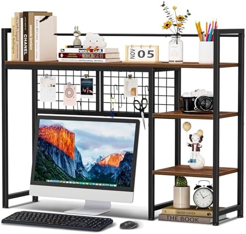 Snughome Desk Shelf, 38.6" Desktop Organizer Shelf, Desk Hutch for Computer Monitor, 4 Tier Desk Display Rack with Pegboard Hooks Set, Wood Desktop Bookshelf for Home Office Dorm by Snughome