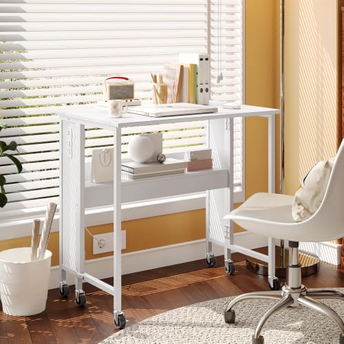 CHOEZON Folding Desk with Power Outlets, 31.5" Rolling Computer Table with Wheels, Portable Office Desk with Storage Shelf for Small Spaces White TDN01UWB - Image 4