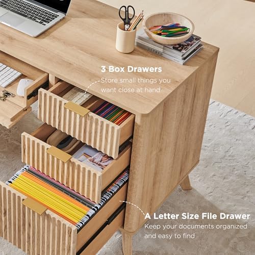 T4TREAM 60" Modern Fluted Executive Desk with Drawers, Natural Oak - Image 6