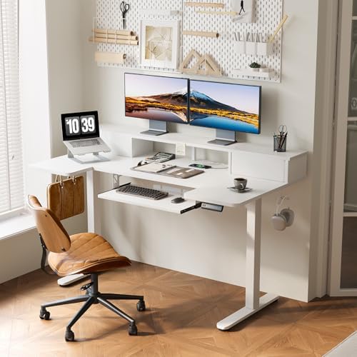 OffiGo 55 Inch U Shape Standing Desk with Keyboard Tray & Drawers, White - Image 2