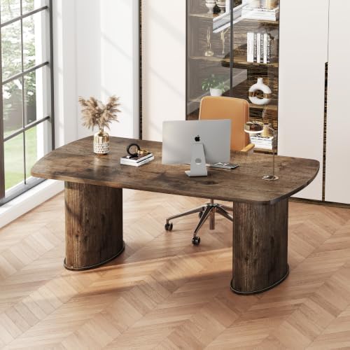 NSdirect Large Office Desk, 63" Oval Computer Desk for Home Office, Multi Purpose Executive Work Table, Farmhouse Writing Desk for Living Room (Walnut) by NSdirect