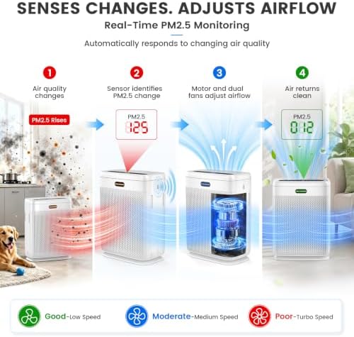 Air Purifiers for Home Large Room Up to 3000 sq ft, H13 HEPA Filter Washable, PM2.5 Air Quality Sensor, Quiet Sleep Mode, 8X Dual-Side Air Cleaner for Bedroom Pet Dander Smoke Dust Pollen - Image 5