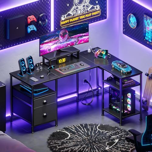 Furologee 50 Inch L Shaped Gaming Desk with Power Outlet and Drawers, Black - Image 2