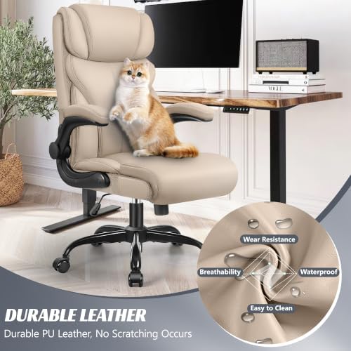 HeroSet Office Chair, Ergonomic Big and Tall Computer Desk Chairs, Executive Breathable Leather Chair with Adjustable Flip-up Armrests, Lumbar Support Swivel PC Chair with Rocking Function,Khaki - Image 3