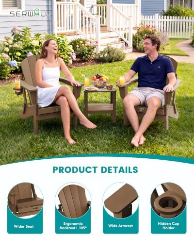 SERWALL Oversized Foldable Adirondack Chair with Cup Holder, HIPS, Brown - Image 4
