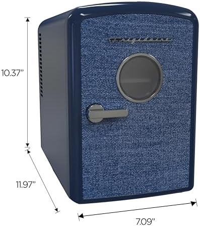Frigidaire Mini Personal Fridge Cooler, 1 Gal Capacity fits 9 Cans, Includes Plugs for Home Outlet & DC Charger - 9.84" D x 7.09" W x 10.35" H, Indigo Denim Fabric Door - Image 7