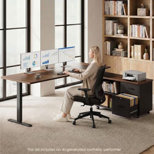 OffiGo 63" L Shaped Electric Standing Desk with Cabinet Sets, Walnut/Black - Image 3