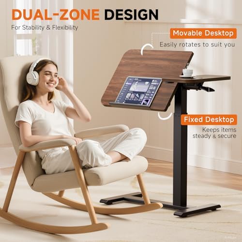 COMHOMA Tiltable Mobile Small Standing Desk, Pneumatic Adjustable Height Overbed Bedside Table with Wheels, Sit Stand Portable Rolling Laptop Desk Computer Workstations, Walnut - Image 4