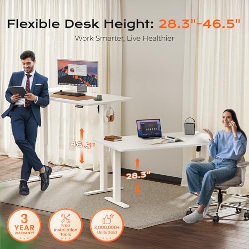 Huuger 55 x 28 Large Electric Standing Desk, Height Adjustable Copmuter Desk, 27.6" Deep Desktop, Stand up Gaming Office Table with 2 Hooks, 3 Preset Heights, for Home Office, White - Image 3