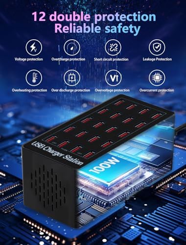 USB Charging Station,100W 20-Port Multi Smart Safety Fast Charger Station for Phone Tablet Watch Headphone PS, Compact Desktop Charger Home Office Travel - Image 5