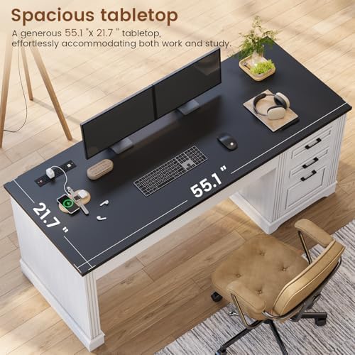 Itaar Farmhouse 55" Executive Desk, Computer Desk with Storage Drawers and Power Outlet, Home Office Desk, Workstation for Office Home, White - Image 5