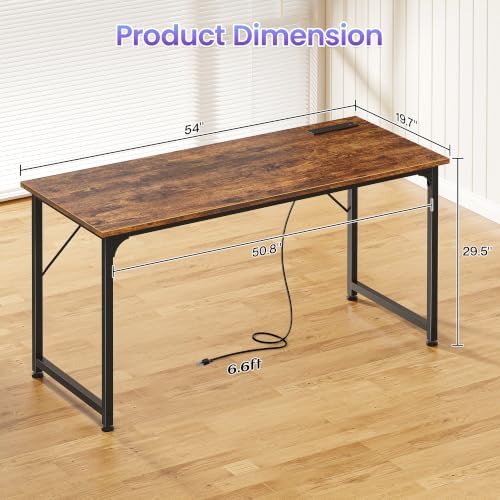 PRAISUN 55 X 20 Inch Computer Desk, Power Outlets, USB-C, Rustic Brown - Image 3