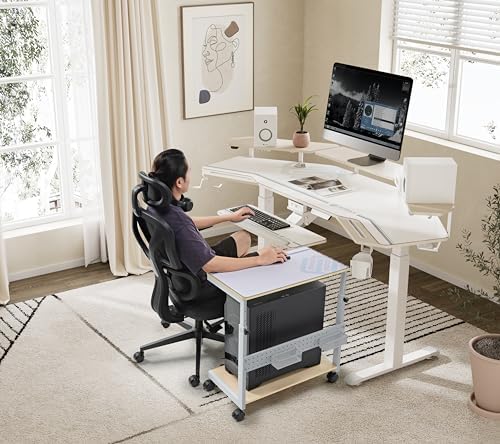 EUREKA ERGONOMIC PC Stand Computer Cart, Height Adjustable Tower Stand 2-Tier Suit for ATX Case Printer, Metal Rolling Cart on Wheels for Gaming Home Office, Maple - Image 2