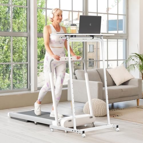 Eocnrhe Treadmill Desk, Mobile Small Standing Desk with Wheels for Walking Pad, Portable Table for Laptop, Rolling Table Adjustable Height, Bedside Table，White - Image 2