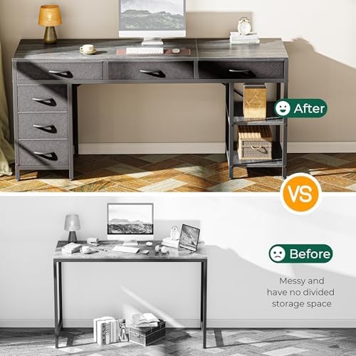 Huuger Computer Desk with 6 Drawers, Office Desk with Shelves, Reversible Gaming Desk, Corner Desk with Storage, Work for Home Office, Study, Living Room, 63inch, Grey - Image 6