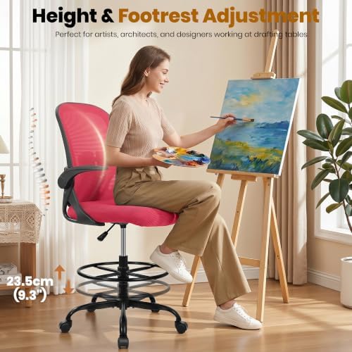 Primy Drafting Chair Tall Office Chair with Flip-up Armrests Executive Ergonomic Computer Standing Desk Chair with Lumbar Support and Adjustable Footrest Ring (Fire Brick) - Image 6