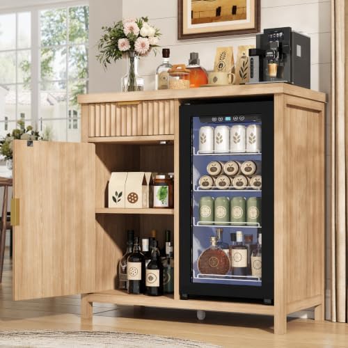knoworld Mini Fridge Cabinet, 39.3" Fluted Coffee Bar with Mini Fridge Space, Natural by KNOWORLD