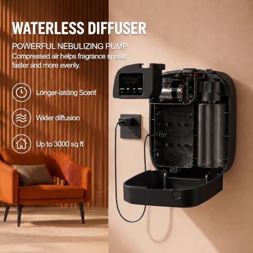 Waterless Essential Oil Diffuser, Cold Air Scent Diffuser Machine for Home & Office, Bluetooth App & Manual Control, USB-C or D Battery Powered, Wall Mount or Tabletop, Black - Image 3