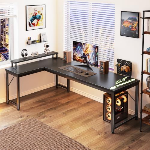 PRAISUN 61" L Shaped Computer Desk, Power Outlets, Monitor Stand, Black - Image 7