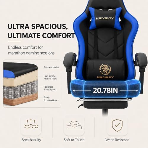 Office Desk Computer Gaming Chair for Adults, Ergonomic High Back Gamer Chair with Massage and Pocket Spring Cushion, Swivel Comfy Video Game Chairs with Footrest and Lumbar Support (Black Blue) - Image 5