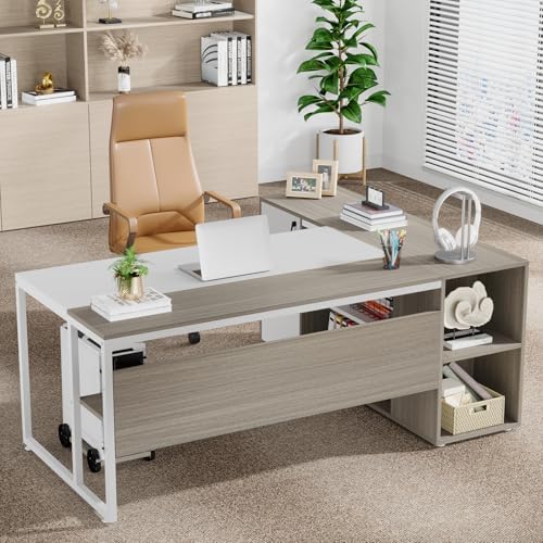 Tribesigns 71 inch Executive Desk, L Shaped Desk with Cabinet Storage, Executive Office Desk with Shelves, Business Furniture Set Workstation for Home Office, Gray and White - Image 5