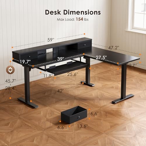 OffiGo 59 Inch L Shaped Electric Standing Desk with Drawers, Black - Image 3