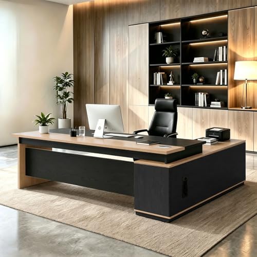 L Shaped Executive Desk with Drawers, Large Wood Workstation, Modern Executive Office Furniture for Home Office and Business Workspace, Multiple Sizes & Colors by Unknown