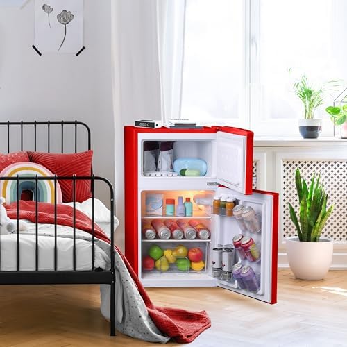 West Bend Mini Fridge with Freezer Retro-Styled for Home Office or Dorm, Features Dual Doors Removable Glass Shelves Manual Defrost and Mechanical Adjustable Temperature Control, 3.1-Cu.Ft, Red - Image 3