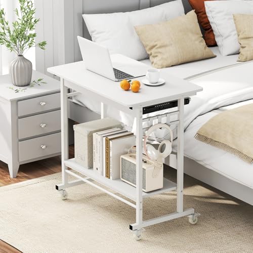 Tangkula Rolling Computer Desk Cart with Keyboard Tray, Mobile Portable Laptop PC Desk with CPU Stand & 3 Hooks for Sofa & Bed, Compact Small Desk on Wheels for Small Spaces (White) - Image 4