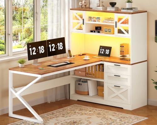 59" Farmhouse L Shaped Computer Desk with Drawers, Storage Cabinet, Outlet by YomiluveDesign