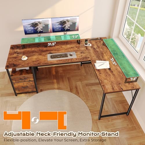 PRAISUN 55 Inch L Shaped Desk with Power Outlets and USB-C Port, Computer Corner Home Office Desk with File Fabric Drawers and Movable Monitor Stand, Larger Storage for Gaming, Study, Rustic Brown - Image 6