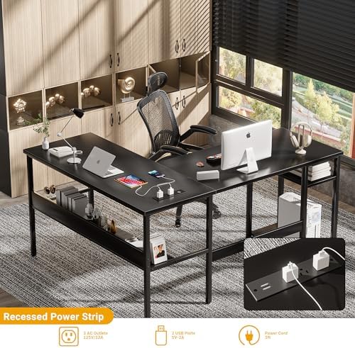 Unikito Reversible L Shaped Desk with Magic Power Outlets and USB Charging Ports, Sturdy Corner Computer Desk with Storage Shelves, Gaming Table Home Office Desk, Easy to Assemble, Black - Image 4
