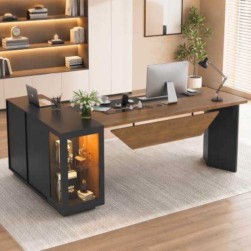 74.4" L-Shaped Executive Desk, Large Office Desk, Black + Dark Wood by Oakvera